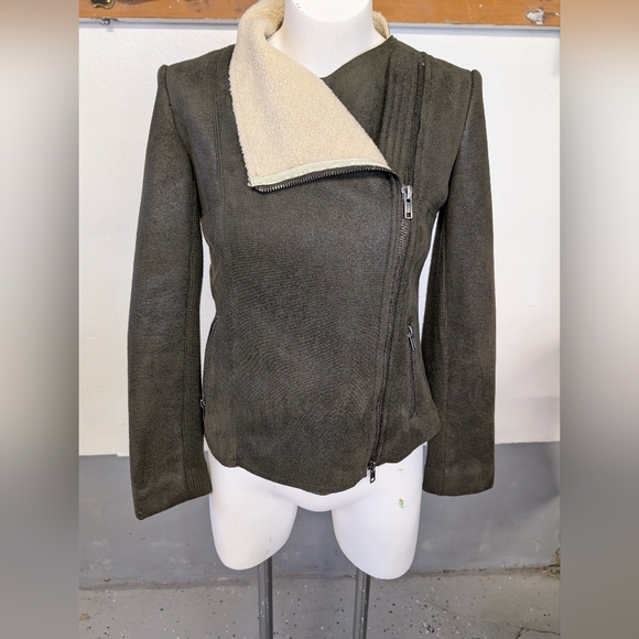 Jacket Olive Green Sherpa Lined Cream Collar Motto Style Size S - Picture 1 of 6